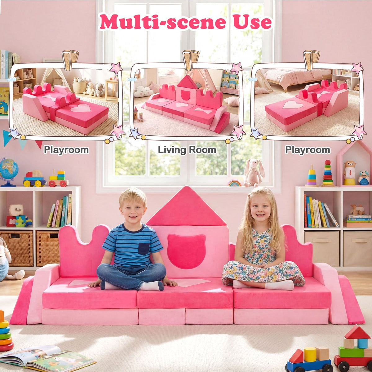 14 Piece Kids Play Couch Modular Foam Climbing Blocks for Kids 3+ Years Old-Pink view 9