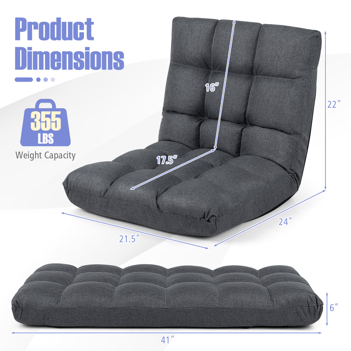 14-Position Adjustable Floor Chair for Adults with Back Support and Comfy Cushion-Gray view 4