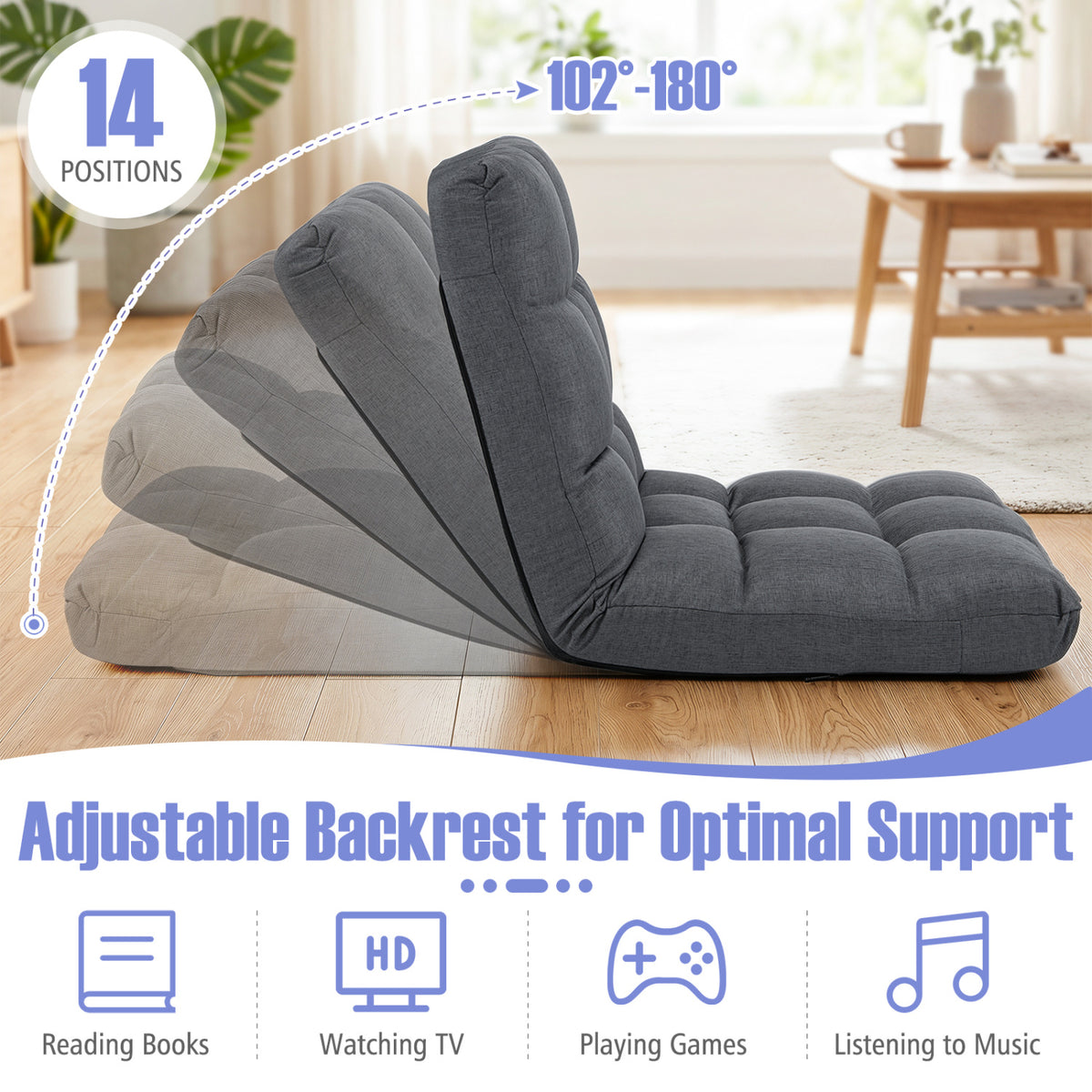 14-Position Adjustable Floor Chair for Adults with Back Support and Comfy Cushion-Gray view 7