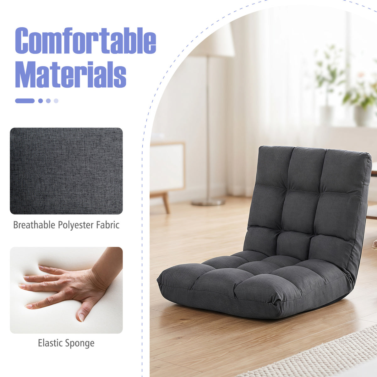 14-Position Adjustable Floor Chair for Adults with Back Support and Comfy Cushion-Gray view 8