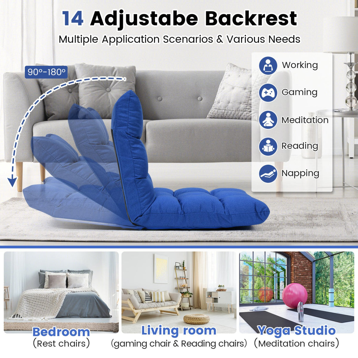 14-Position Adjustable Folding Lazy Gaming Sofa-Blue view 7