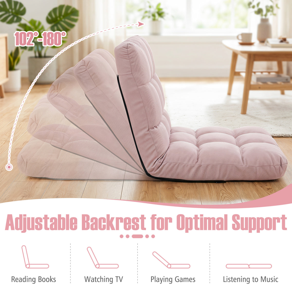 14-Position Adjustable Folding Lazy Gaming Sofa-Light Pink view 8
