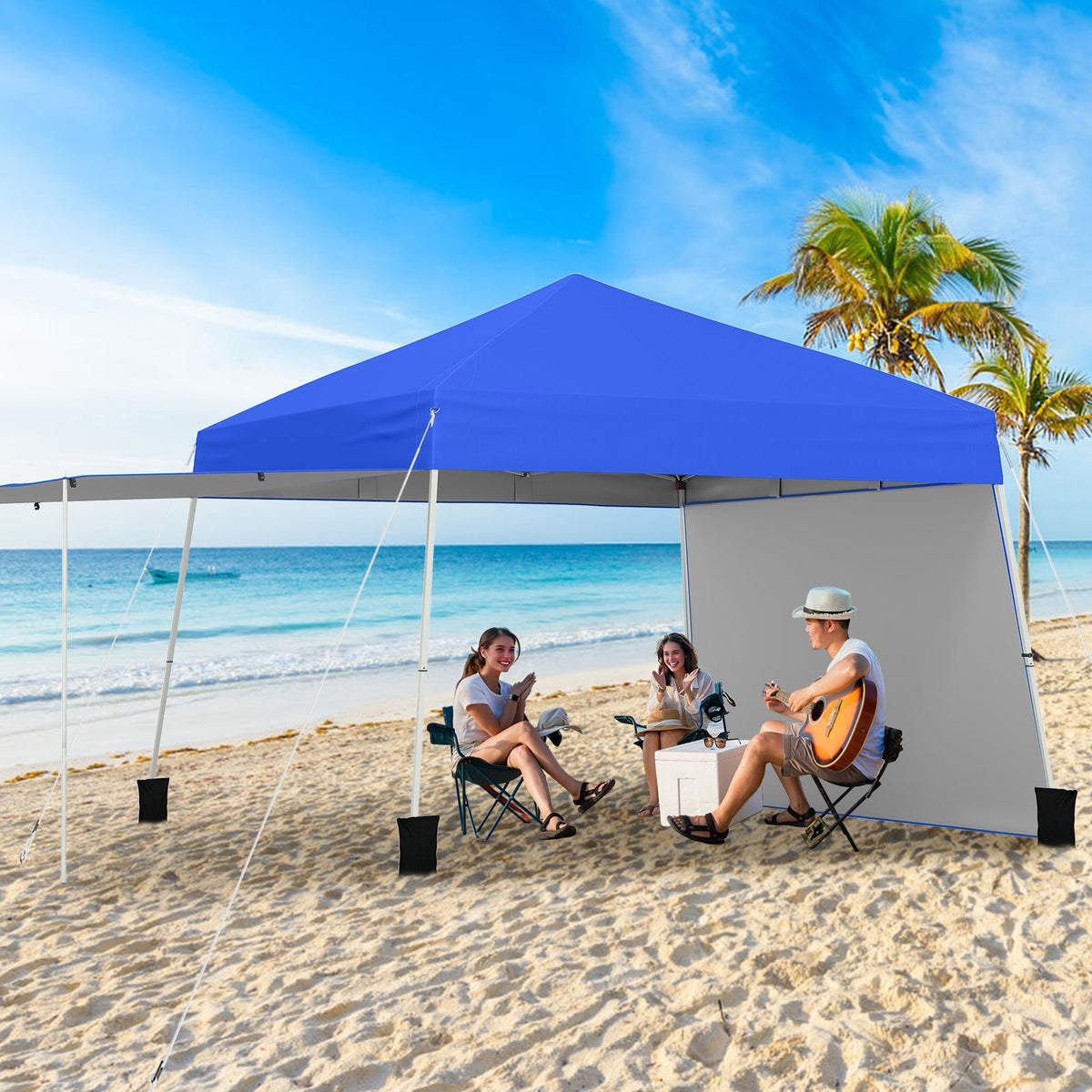 14 x 9.2 Feet Pop up Canopy Tent with 2 Convertible Sidewalls to Awning and Stakes-Blue view 2
