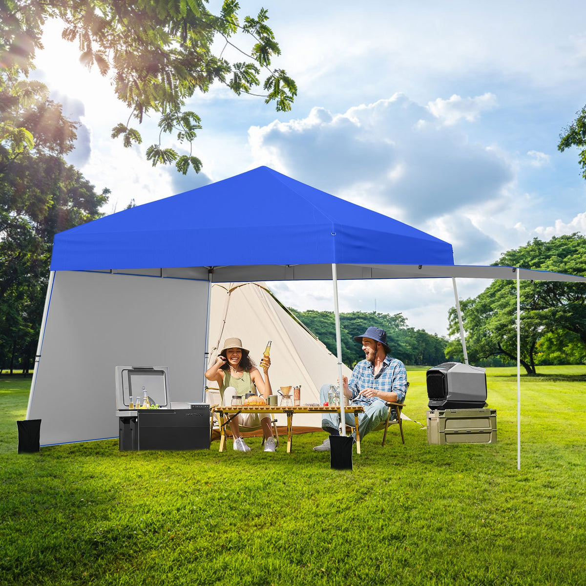 14 x 9.2 Feet Pop up Canopy Tent with 2 Convertible Sidewalls to Awning and Stakes-Blue view 3