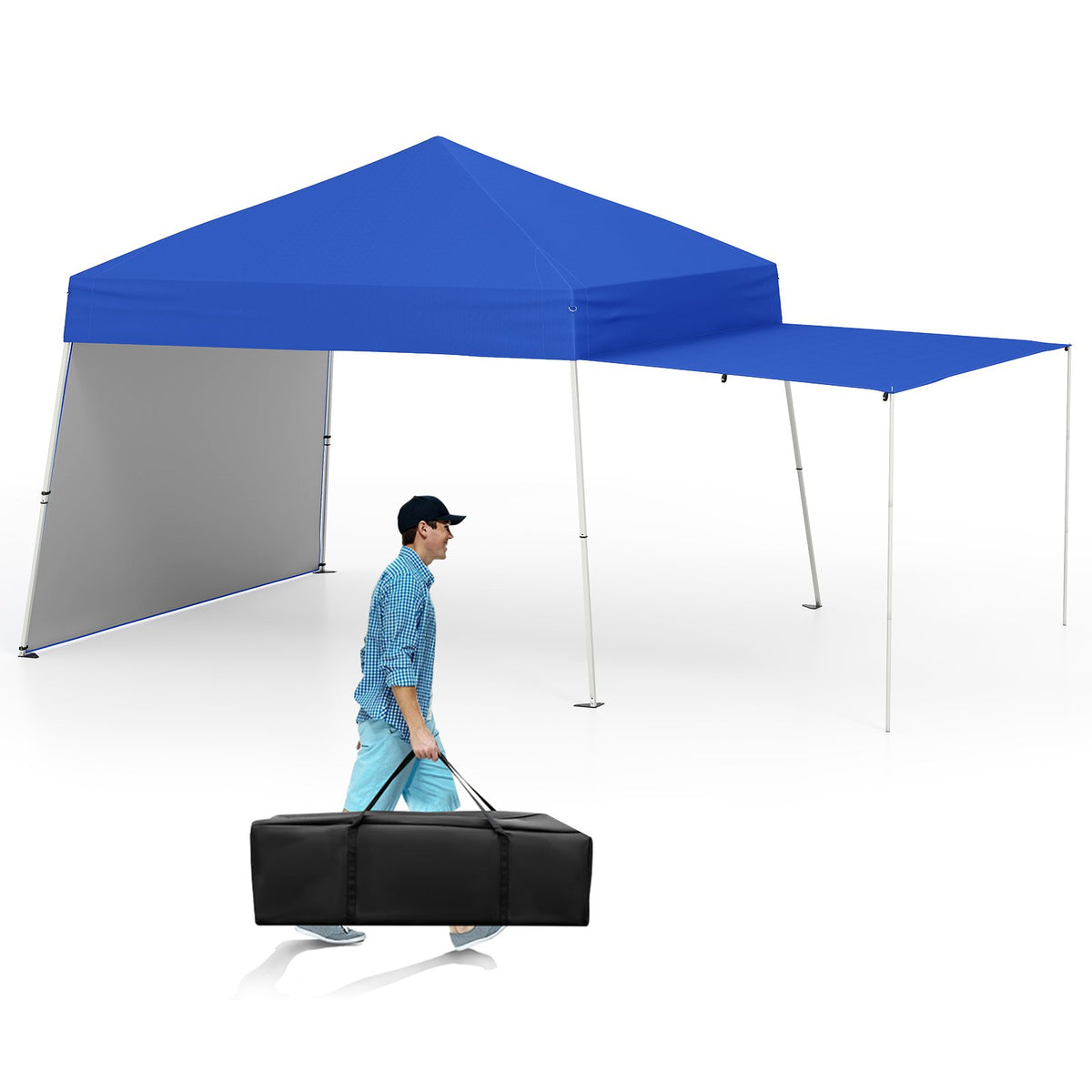 14 x 9.2 Feet Pop up Canopy Tent with 2 Convertible Sidewalls to Awning and Stakes-Blue view 4
