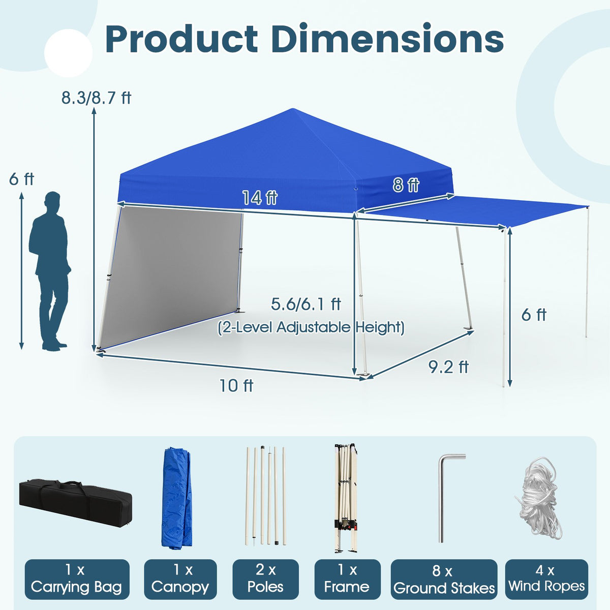 14 x 9.2 Feet Pop up Canopy Tent with 2 Convertible Sidewalls to Awning and Stakes-Blue view 5