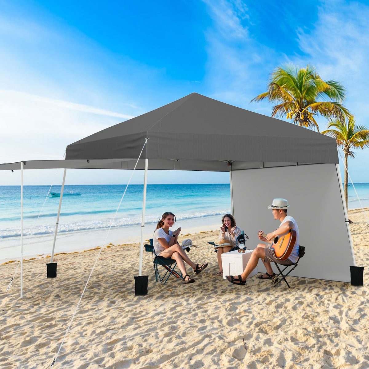 14 x 9.2 Feet Pop up Canopy Tent with 2 Convertible Sidewalls to Awning and Stakes-Gray view 2