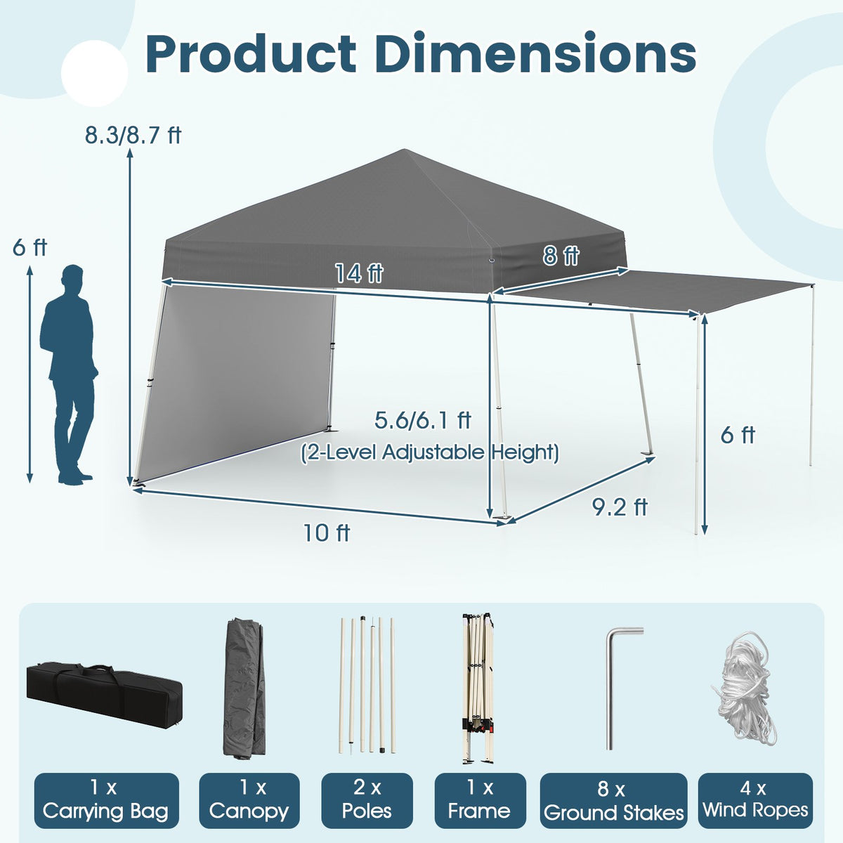 14 x 9.2 Feet Pop up Canopy Tent with 2 Convertible Sidewalls to Awning and Stakes-Gray view 5