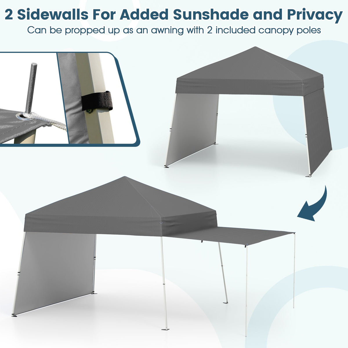 14 x 9.2 Feet Pop up Canopy Tent with 2 Convertible Sidewalls to Awning and Stakes-Gray view 7