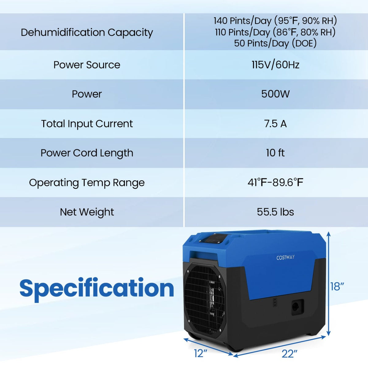 140 Pints Commercial Dehumidifier with Pump and Drain Hose-Blue view 3