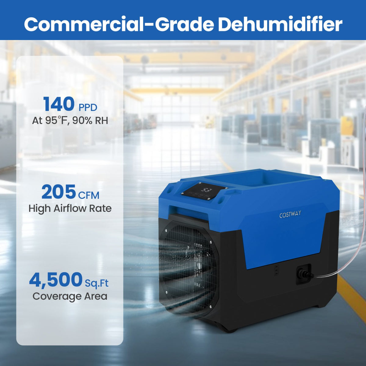 140 Pints Commercial Dehumidifier with Pump and Drain Hose-Blue view 5