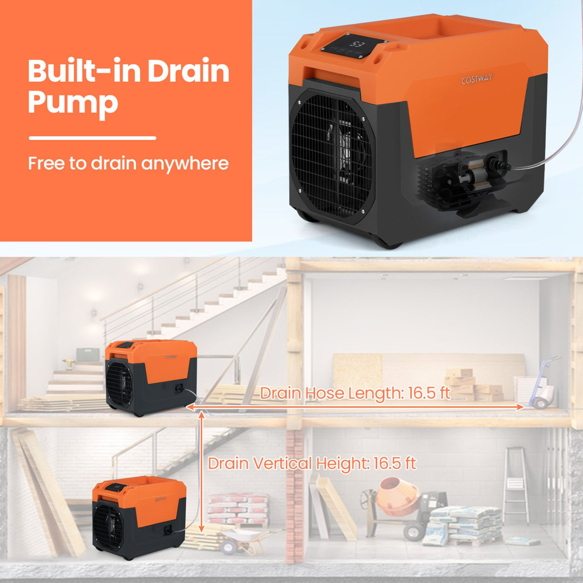 140 Pints Commercial Dehumidifier with Pump and Drain Hose-Orange view 4