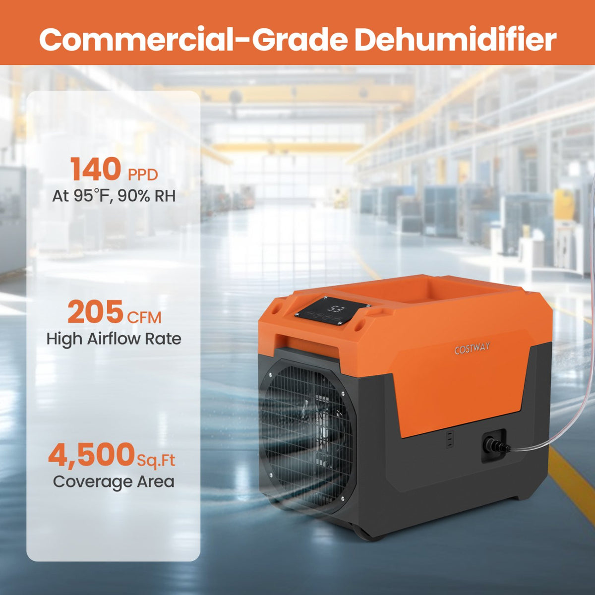 140 Pints Commercial Dehumidifier with Pump and Drain Hose-Orange view 6