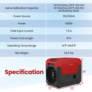 140 Pints Commercial Dehumidifier with Pump and Drain Hose-Red view 5