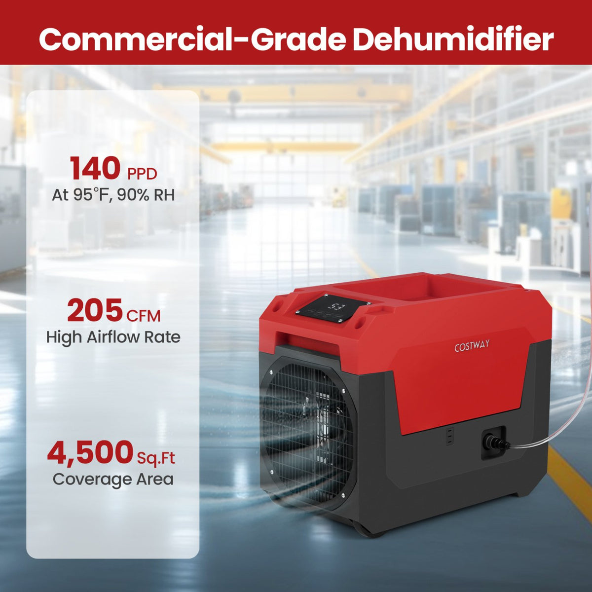 140 Pints Commercial Dehumidifier with Pump and Drain Hose-Red view 7