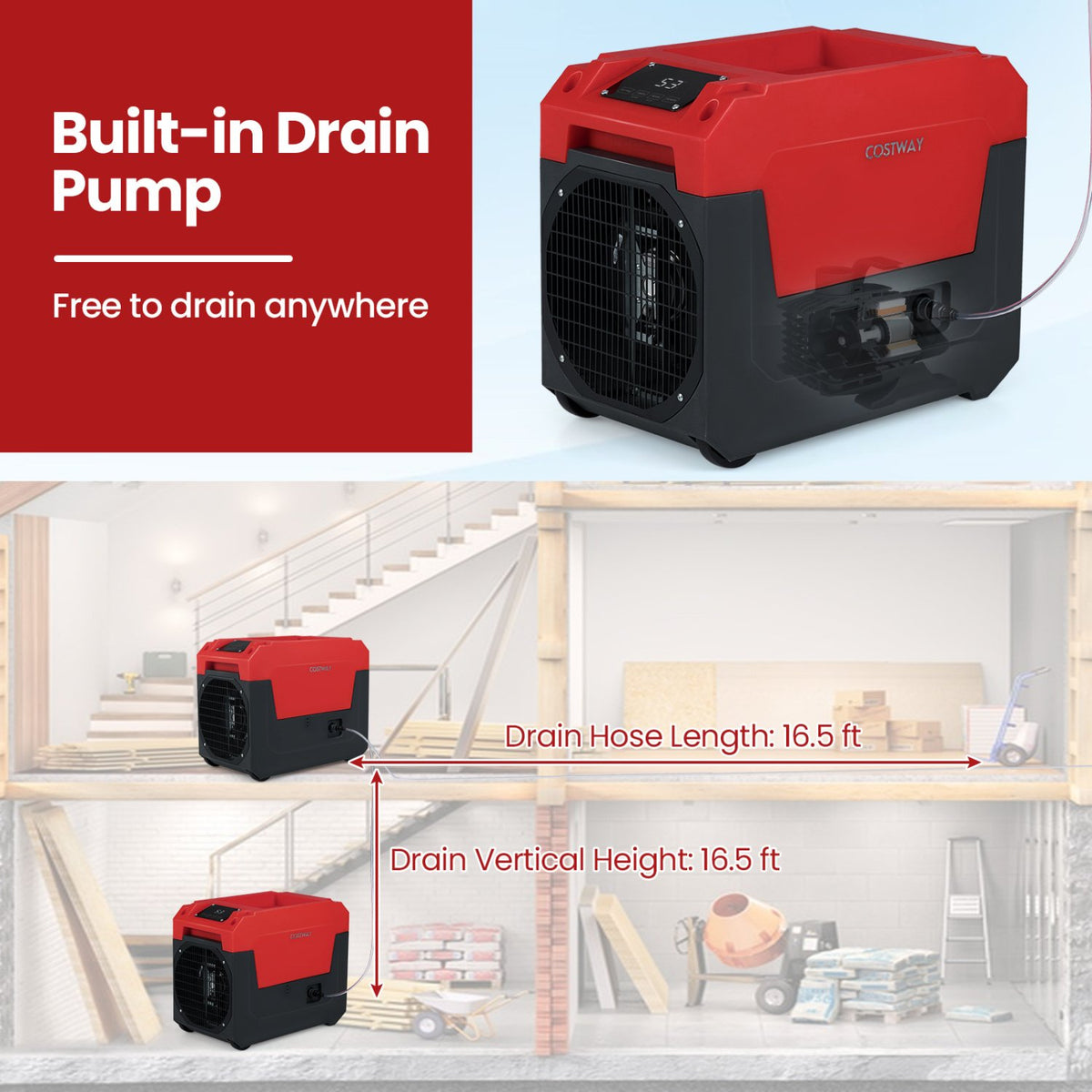 140 Pints Commercial Dehumidifier with Pump and Drain Hose-Red view 9