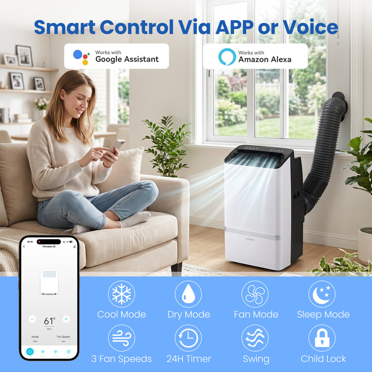 14000 BTU WiFi Enabled Portable Air Conditioner with Dehumidifier and 24H Timer-Black view 3