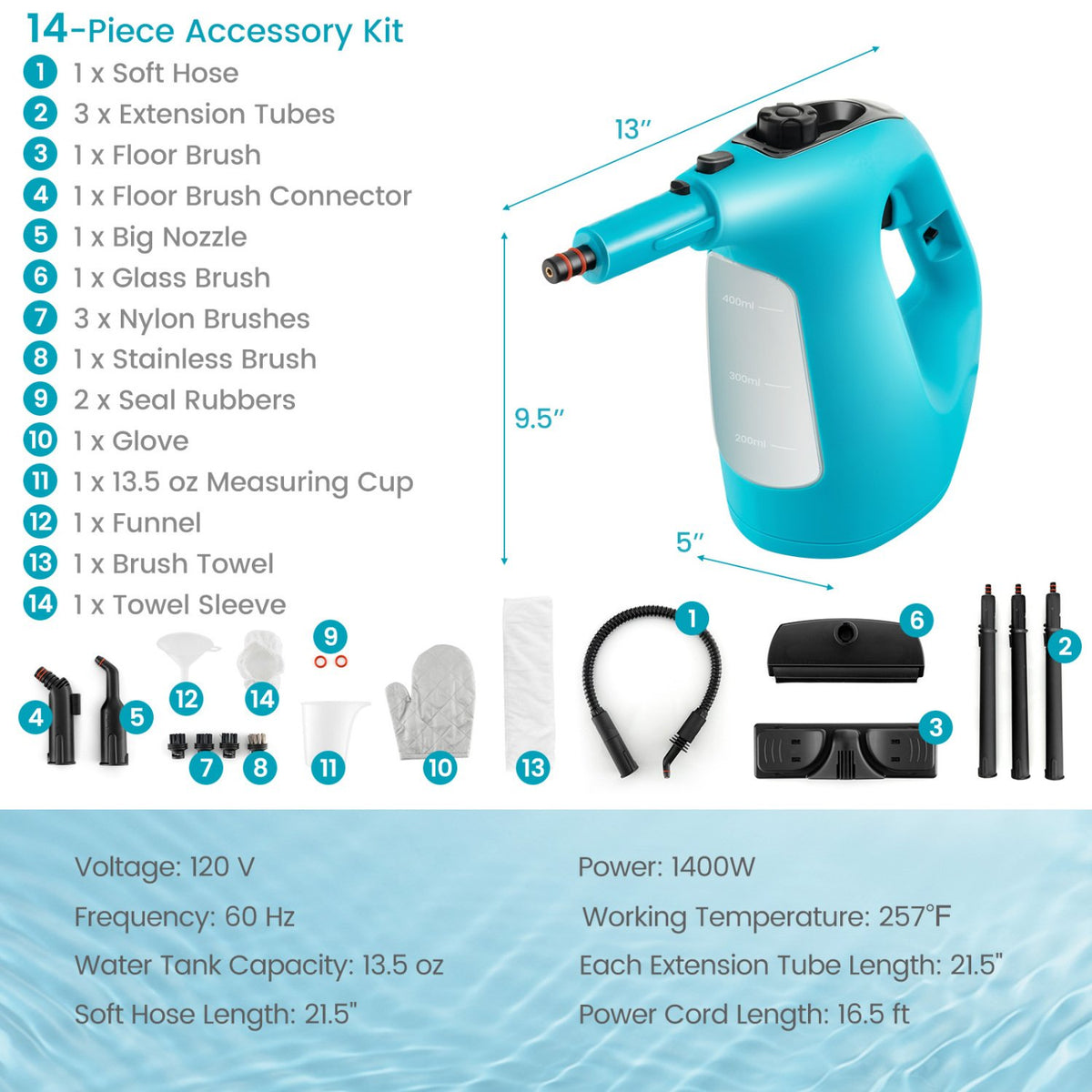 1400W Handheld Steam Cleaner with 14-Piece Accessory Kit and Child Lock-Blue view 2