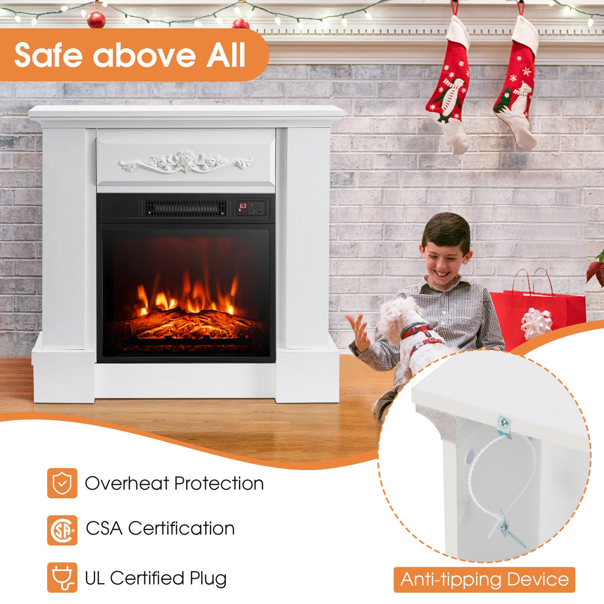 1400W TV Stand Electric Fireplace Mantel with Remote Control-White view 5