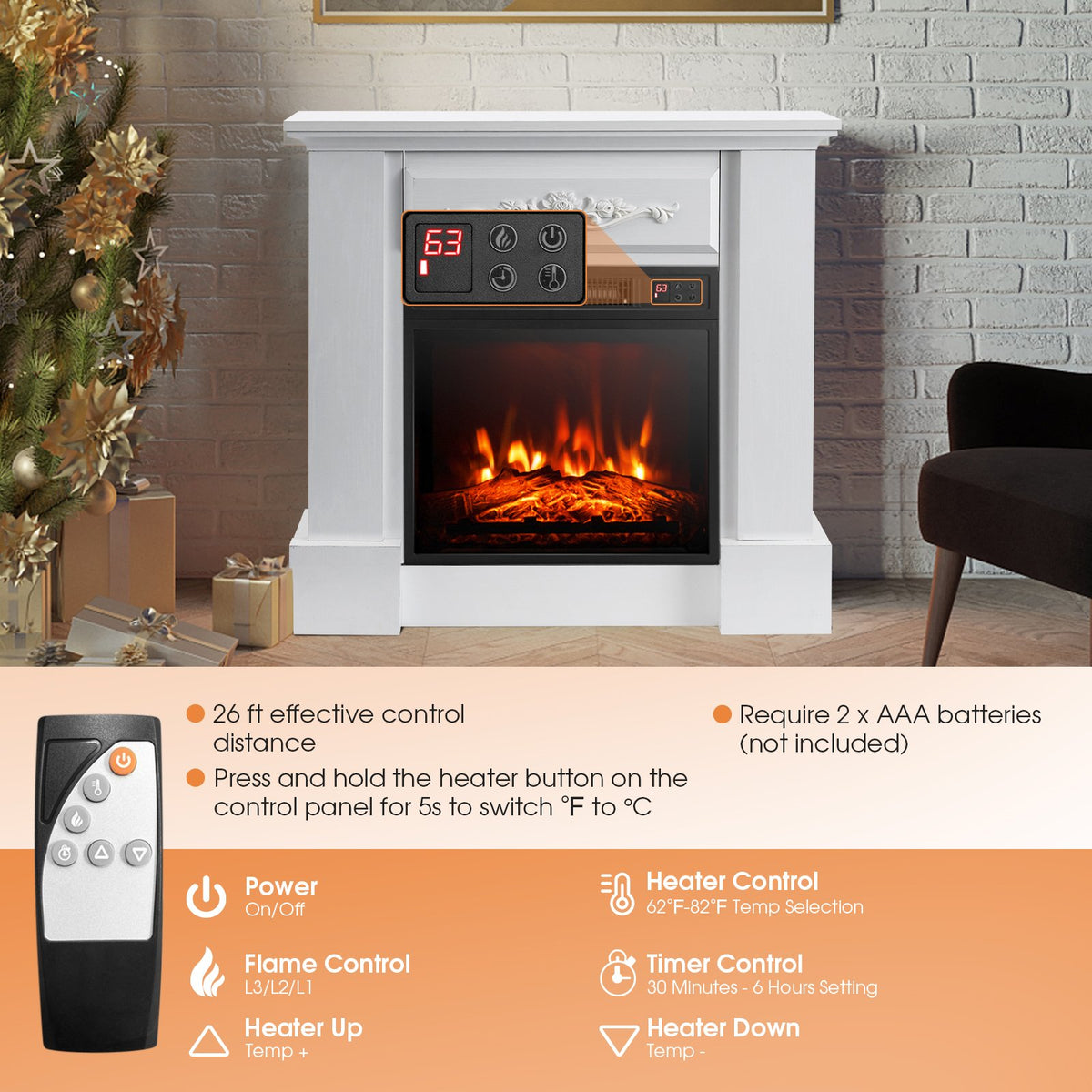 1400W TV Stand Electric Fireplace Mantel with Remote Control-White view 7
