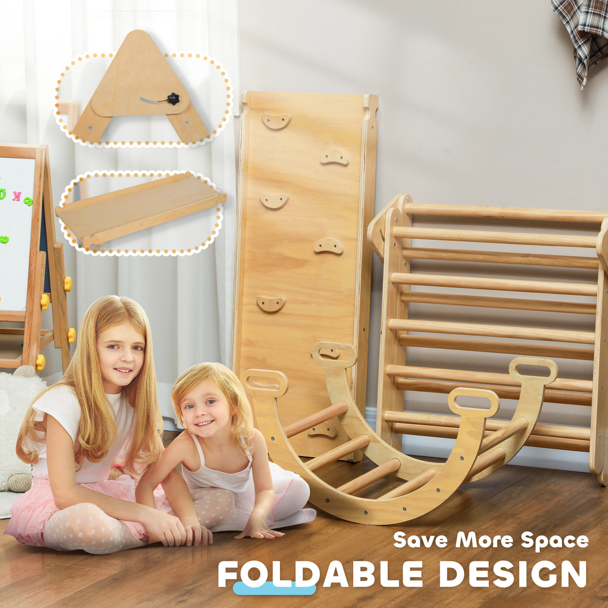 5 in 1 Pikler Triangle Set with Ladder, Ramp, Arch, for 18-48 months, Nature Wood