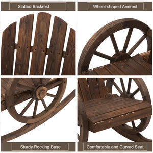 Patio Wooden Rocking Chair, Wagon Outdoor Rocker Chair with Slatted Design and Wheel Armrests for Garden, Carbonized