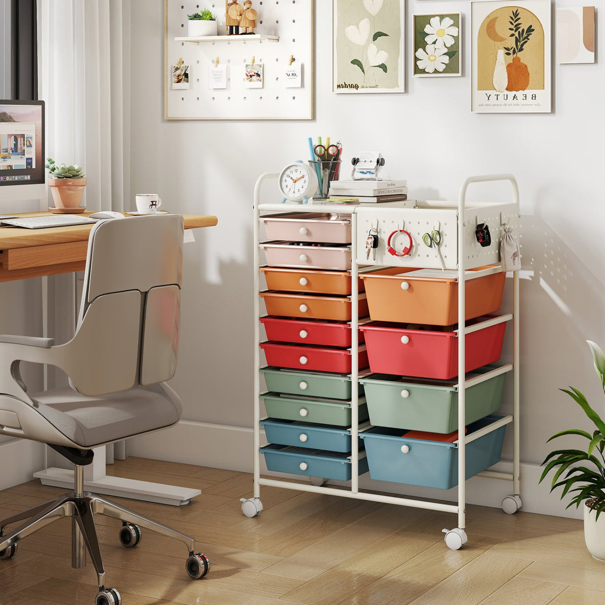 14-Drawer Rolling Storage Cart with Metal Tabletop and Pegboard-Macaron view 2
