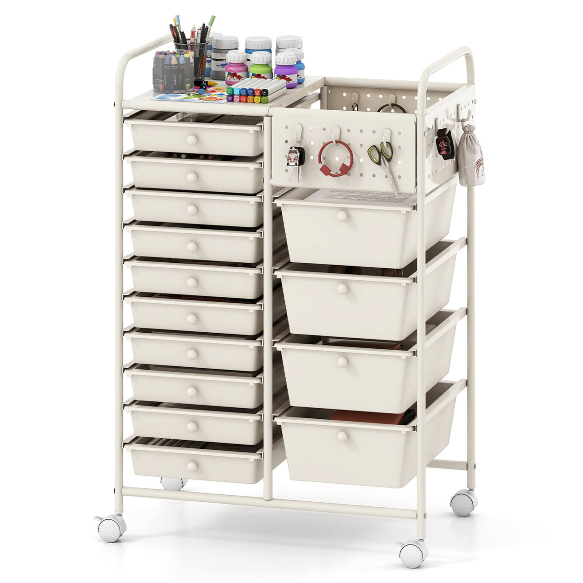 14-Drawer Rolling Storage Cart with Metal Tabletop and Pegboard-White view 4
