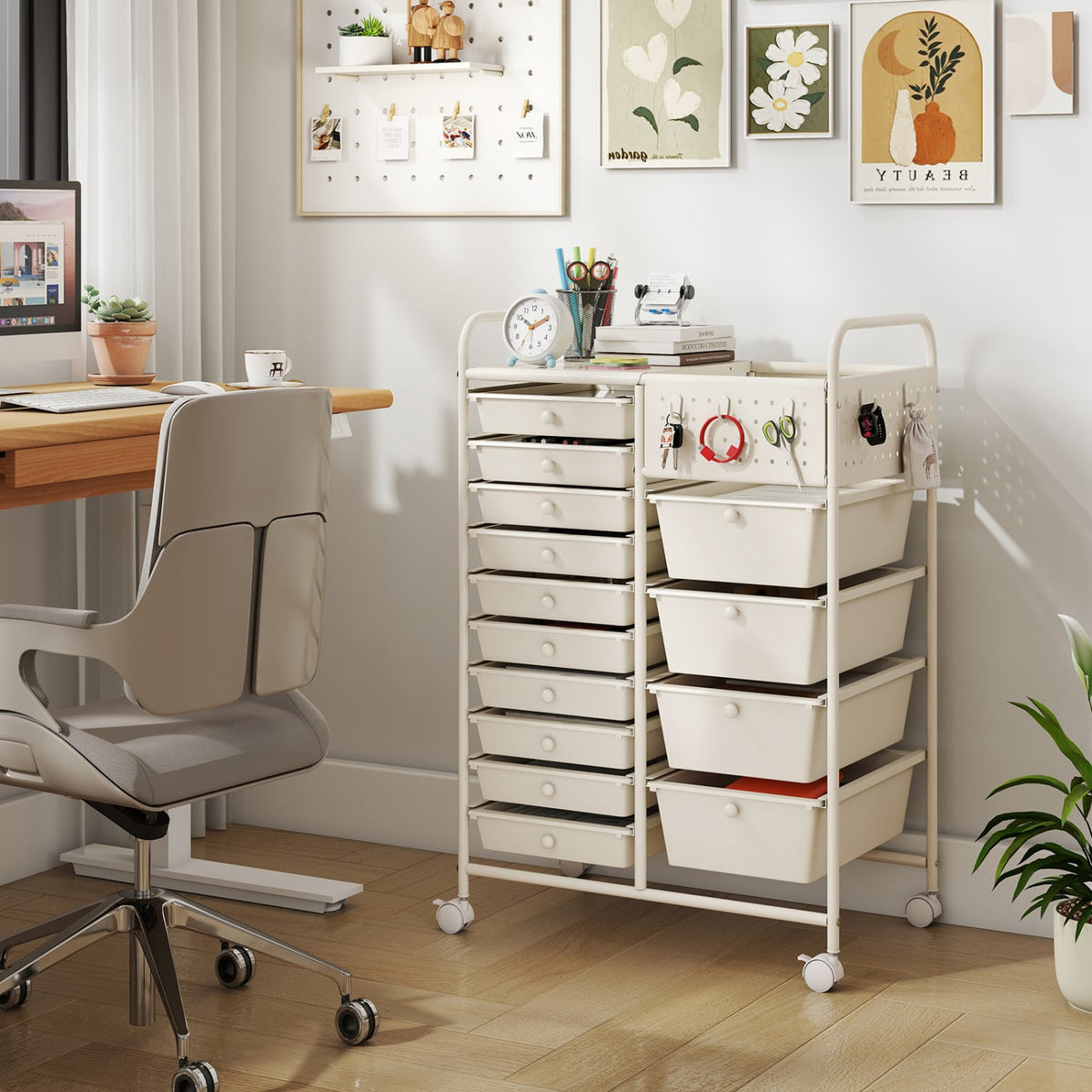 14-Drawer Rolling Storage Cart with Metal Tabletop and Pegboard-White view 2
