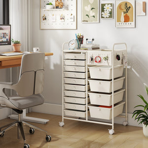 14-Drawer Rolling Storage Cart with Metal Tabletop and Pegboard-White view 2