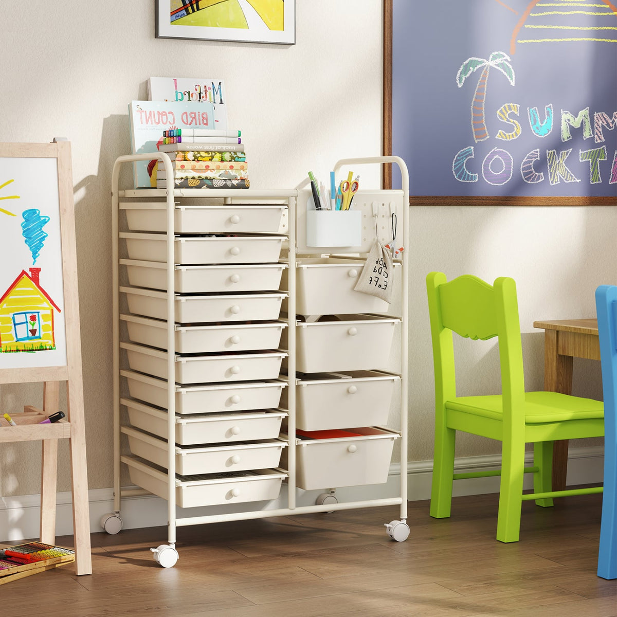 14-Drawer Rolling Storage Cart with Metal Tabletop and Pegboard-White view 3