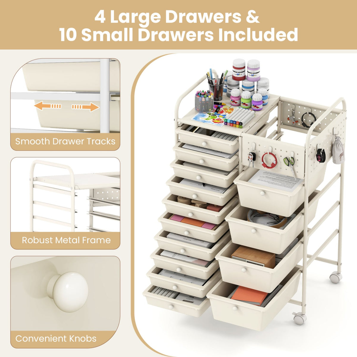 14-Drawer Rolling Storage Cart with Metal Tabletop and Pegboard-White view 6
