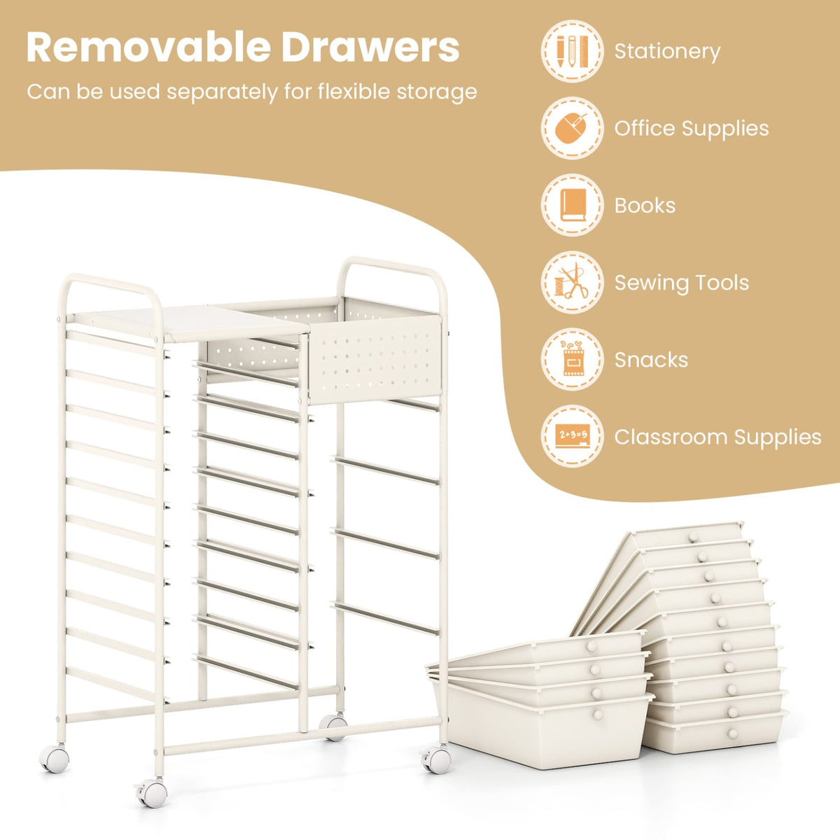 14-Drawer Rolling Storage Cart with Metal Tabletop and Pegboard-White view 9