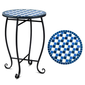 14 inches Floral Clover/Blooming Lotus/Bright Sunflower Mosaic Patio Accent Coffee End Table-Blue