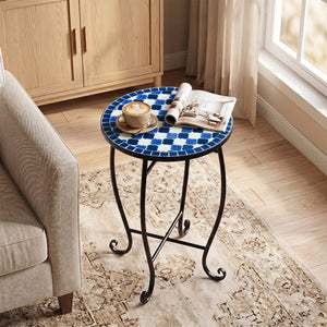 14 inches Floral Clover/Blooming Lotus/Bright Sunflower Mosaic Patio Accent Coffee End Table-Blue view 2