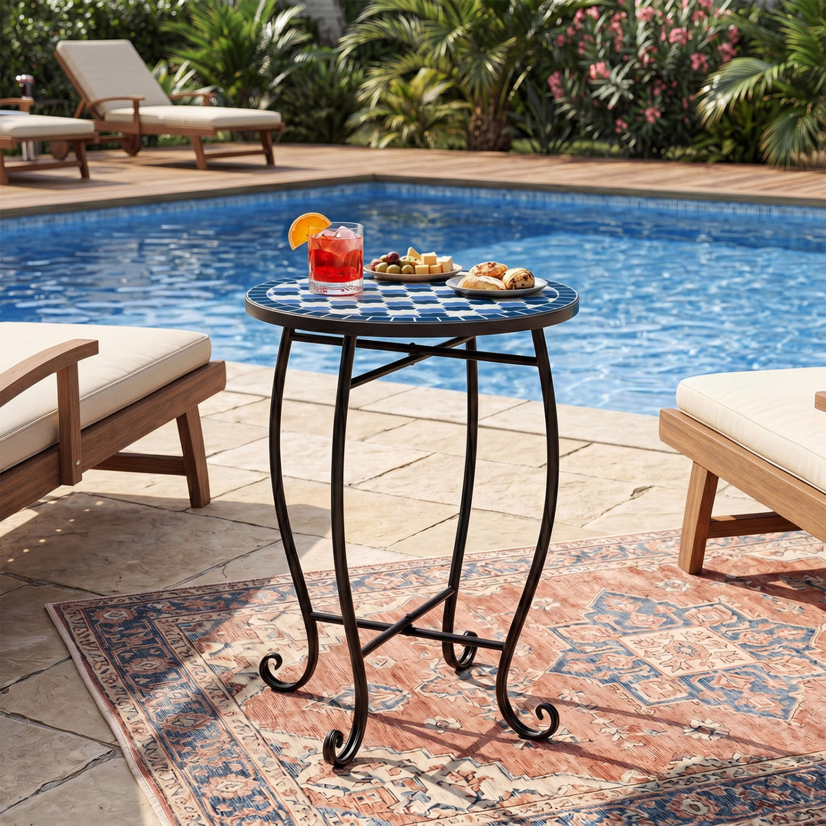 14 inches Floral Clover/Blooming Lotus/Bright Sunflower Mosaic Patio Accent Coffee End Table-Blue view 6
