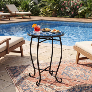 14 inches Floral Clover/Blooming Lotus/Bright Sunflower Mosaic Patio Accent Coffee End Table-Blue view 6