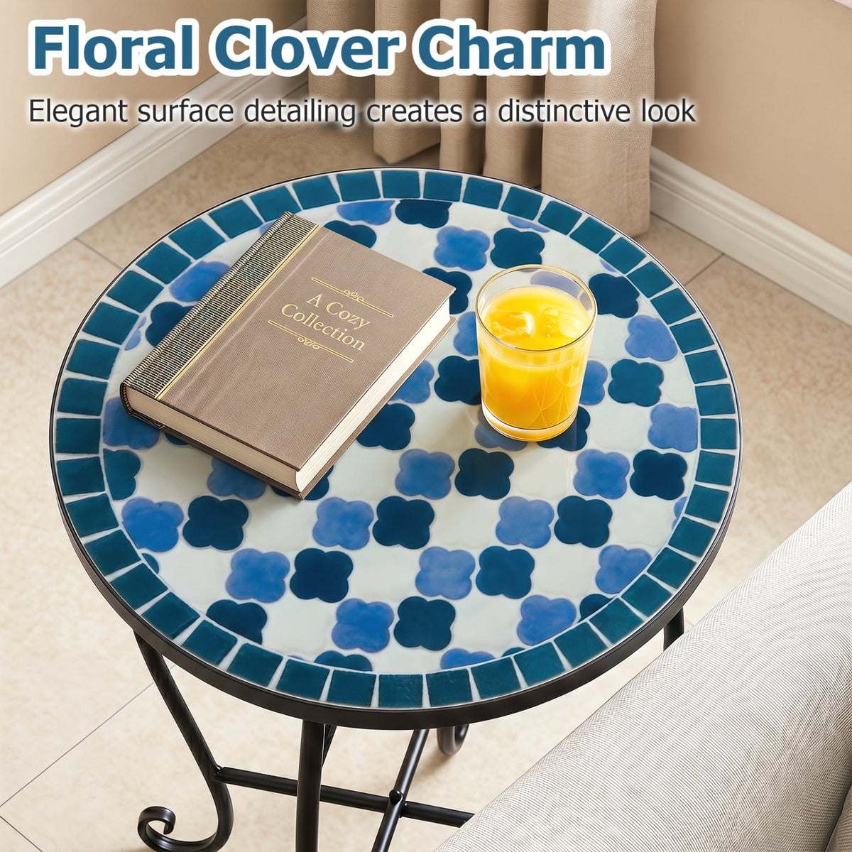 14 inches Floral Clover/Blooming Lotus/Bright Sunflower Mosaic Patio Accent Coffee End Table-Blue view 7