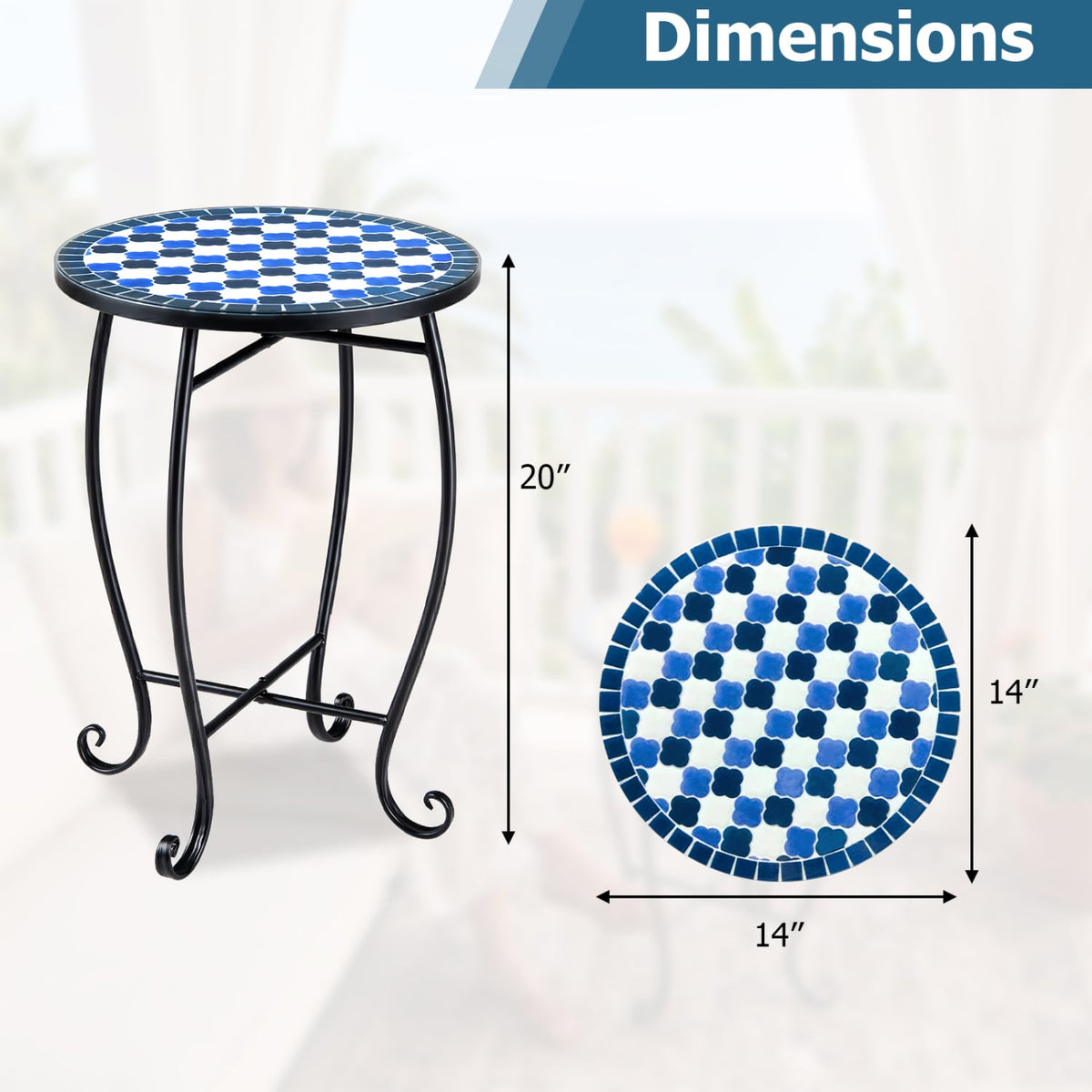 14 inches Floral Clover/Blooming Lotus/Bright Sunflower Mosaic Patio Accent Coffee End Table-Blue view 4