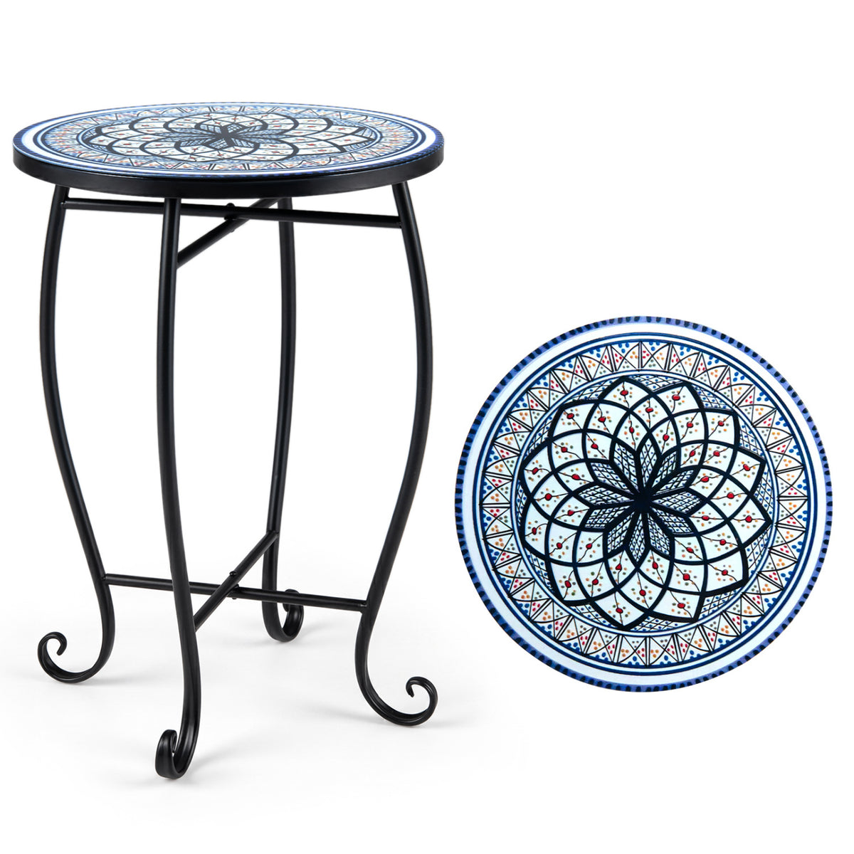 14 inches Floral Clover/Blooming Lotus/Bright Sunflower Mosaic Patio Accent Coffee End Table-White