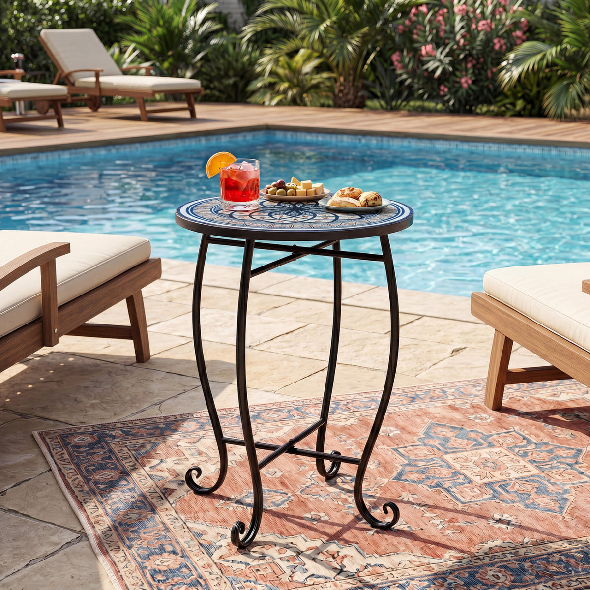 14 inches Floral Clover/Blooming Lotus/Bright Sunflower Mosaic Patio Accent Coffee End Table-White view 6