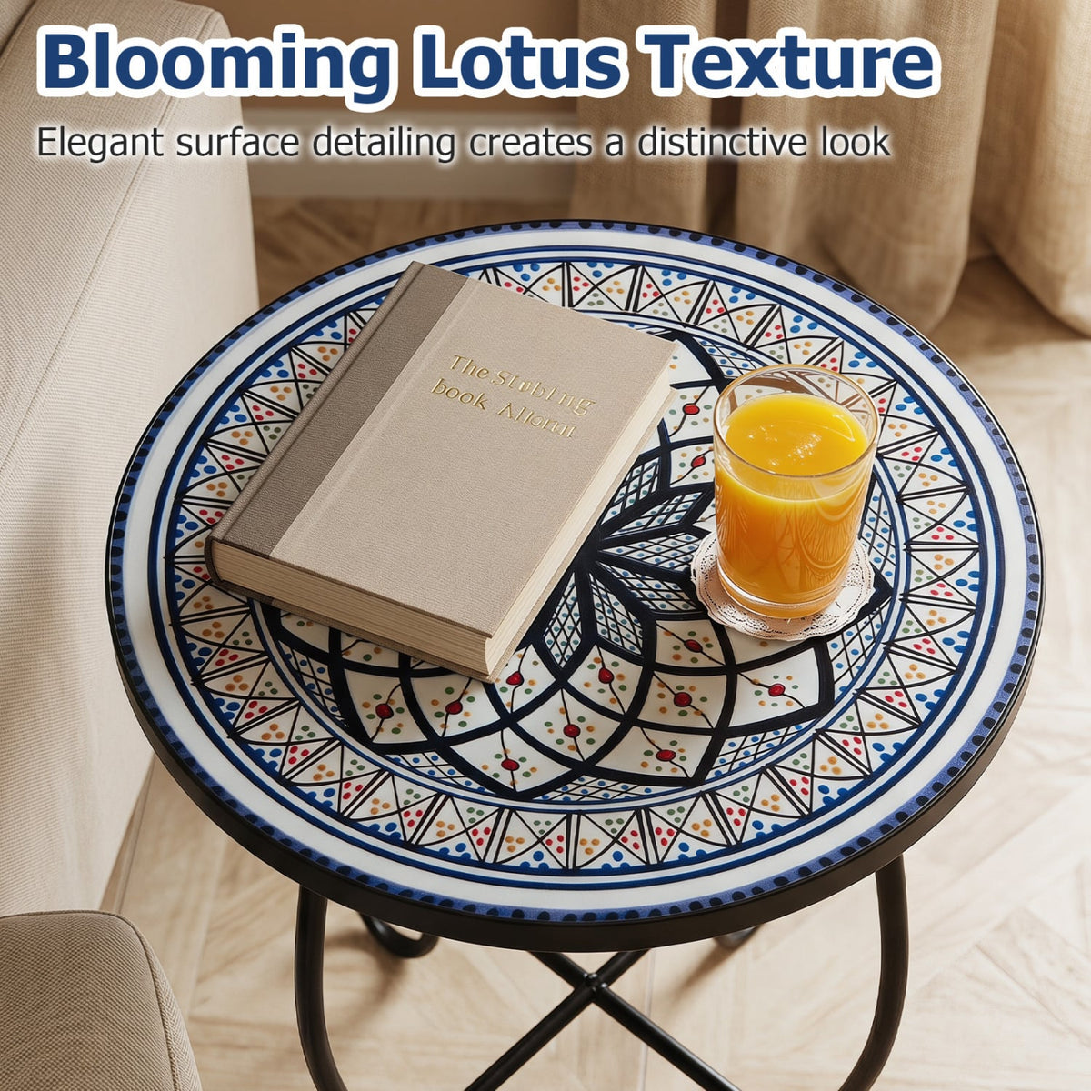 14 inches Floral Clover/Blooming Lotus/Bright Sunflower Mosaic Patio Accent Coffee End Table-White view 7