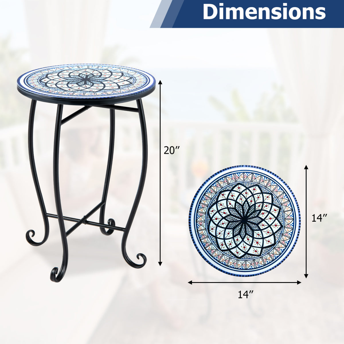 14 inches Floral Clover/Blooming Lotus/Bright Sunflower Mosaic Patio Accent Coffee End Table-White view 4