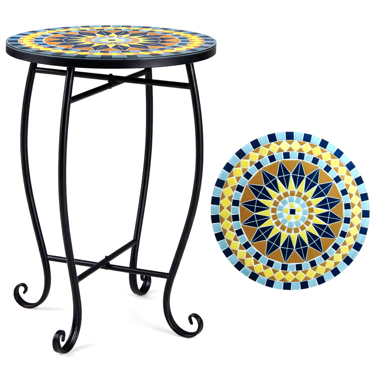 14 inches Floral Clover/Blooming Lotus/Bright Sunflower Mosaic Patio Accent Coffee End Table-Yellow
