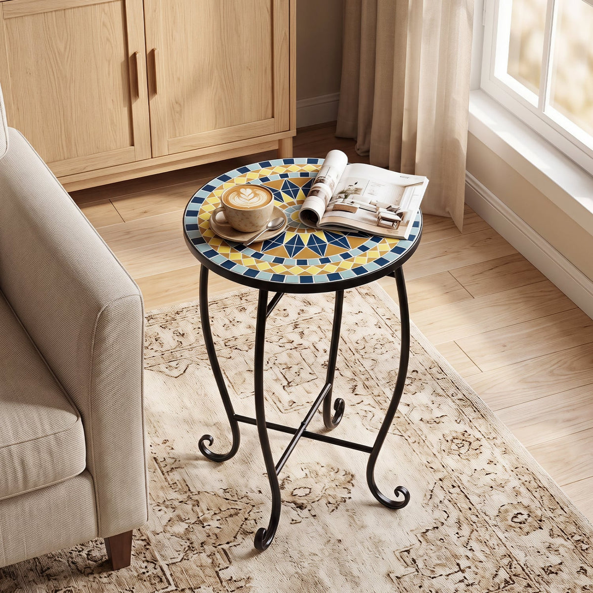 14 inches Floral Clover/Blooming Lotus/Bright Sunflower Mosaic Patio Accent Coffee End Table-Yellow view 3