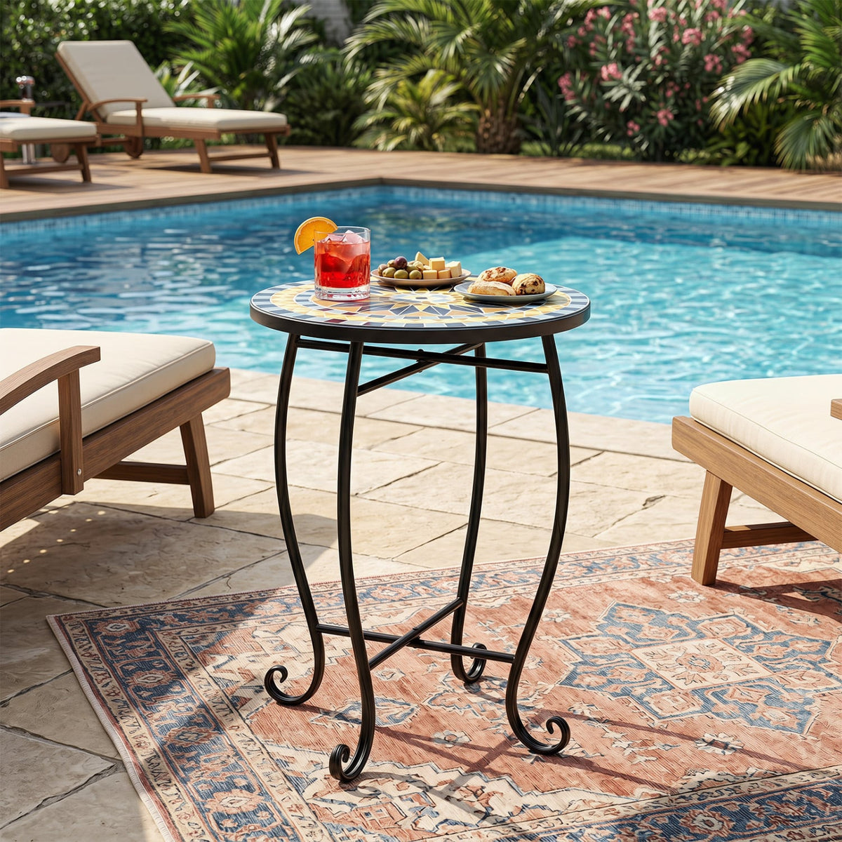 14 inches Floral Clover/Blooming Lotus/Bright Sunflower Mosaic Patio Accent Coffee End Table-Yellow view 6