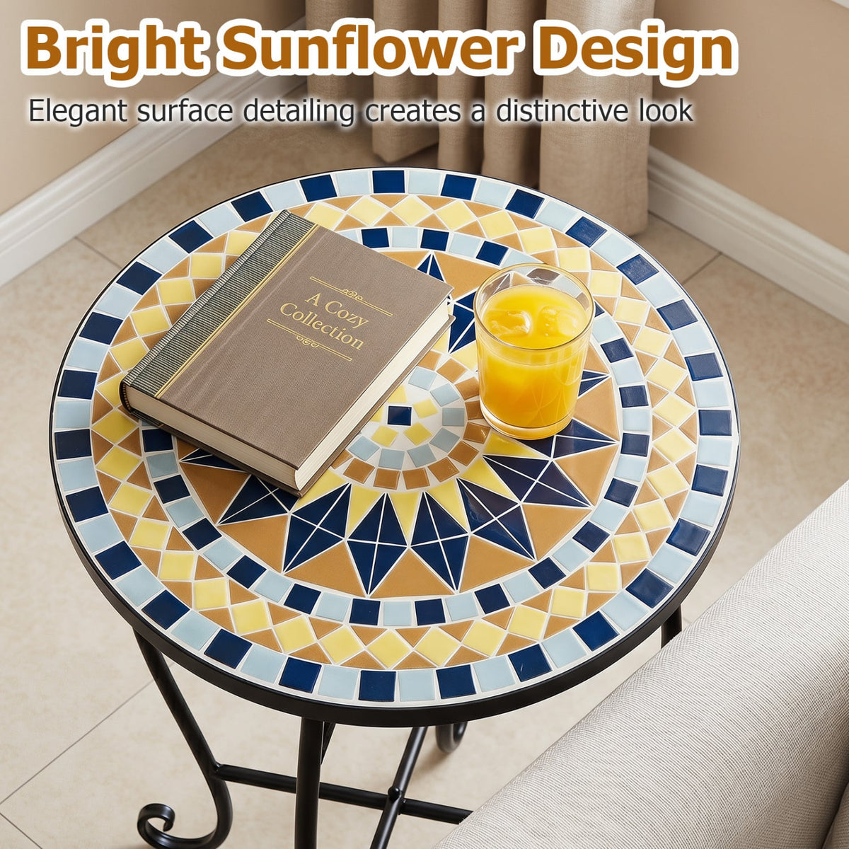 14 inches Floral Clover/Blooming Lotus/Bright Sunflower Mosaic Patio Accent Coffee End Table-Yellow view 7