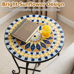 14 inches Floral Clover/Blooming Lotus/Bright Sunflower Mosaic Patio Accent Coffee End Table-Yellow view 7