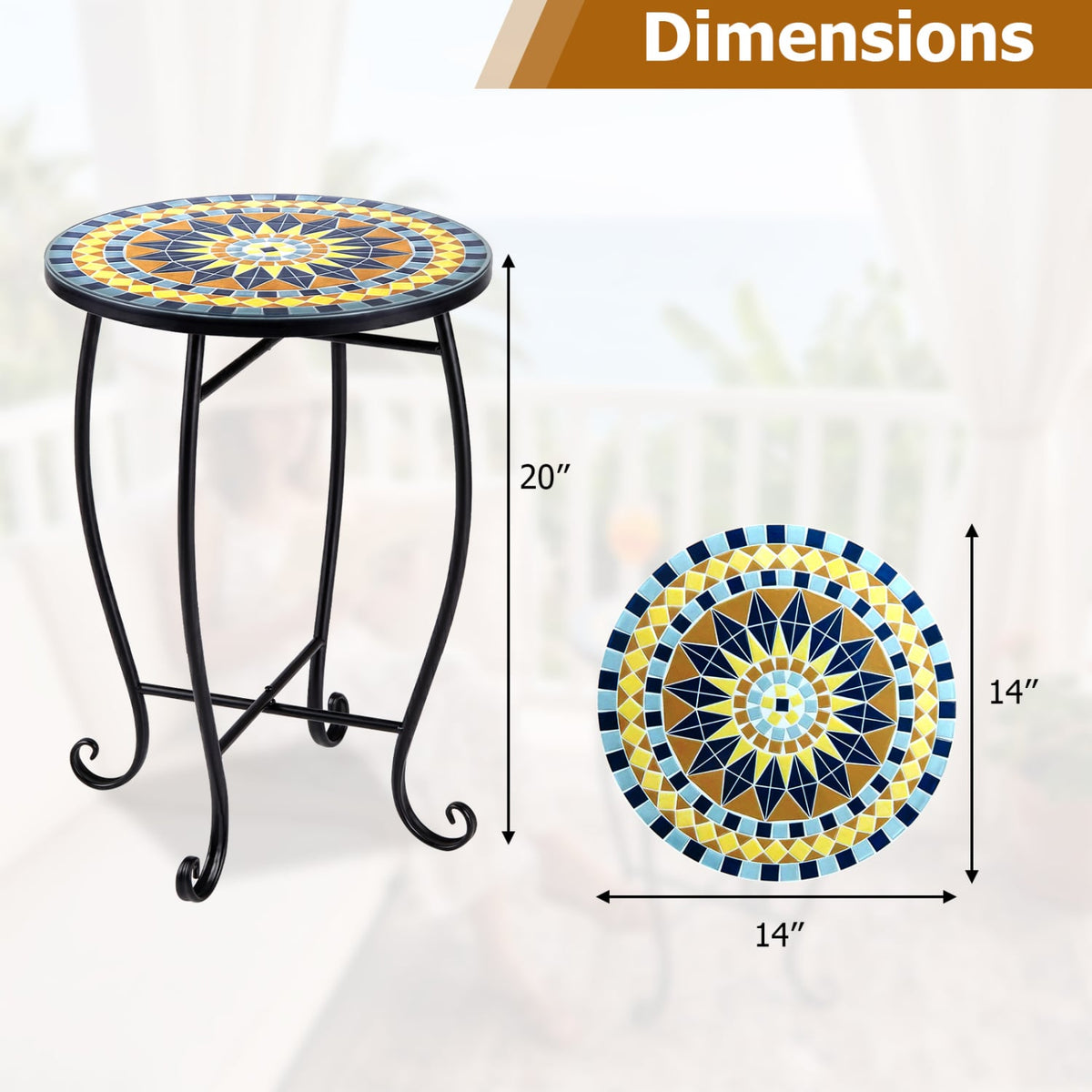 14 inches Floral Clover/Blooming Lotus/Bright Sunflower Mosaic Patio Accent Coffee End Table-Yellow view 4