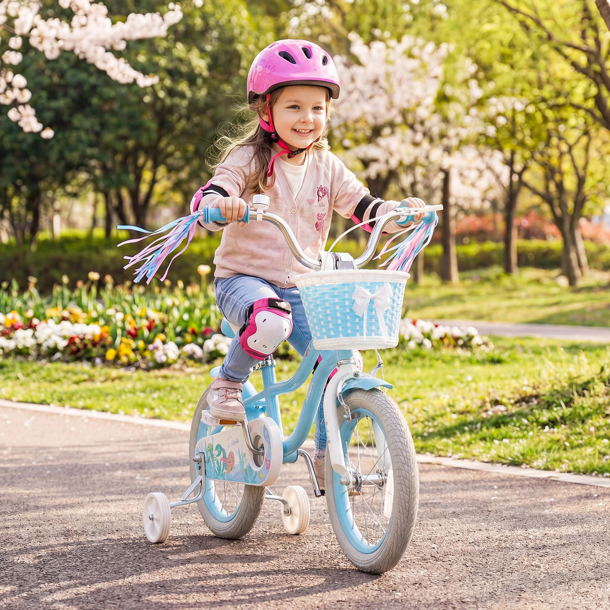 14 Inch Kids Bike Adjustable with Basket and Streamers Blue for Kids Aged 3-5 Years Old - Princess of the Sea Theme view 3